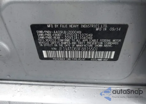 2015 Subaru Wrx Premium из США, поврежденный, VIN JF1VA1D69F8815501